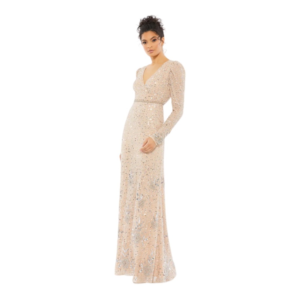 New! MacDuggal Sequined Floral Embellished Long Sleeve Gown